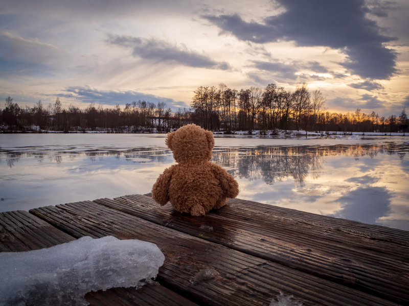 Einsamer Teddybär auf einem Steg am Wasser im Wnter. / iStock/Sonja Rachbauer Einsamer Teddybär auf einem Steg am Wasser im Wnter.