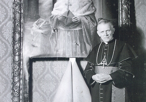 Kardinal Innitzer vor dem zerstörten Bild im Erzbischöflichen Palais.